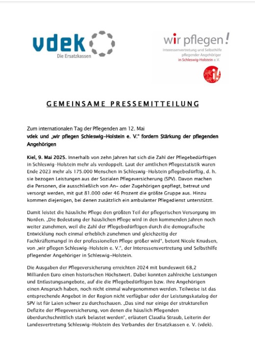 Mehr über den Artikel erfahren vdek und „wir pflegen Schleswig-Holstein e. V.“ fordern Stärkung der pflegenden Angehörigen